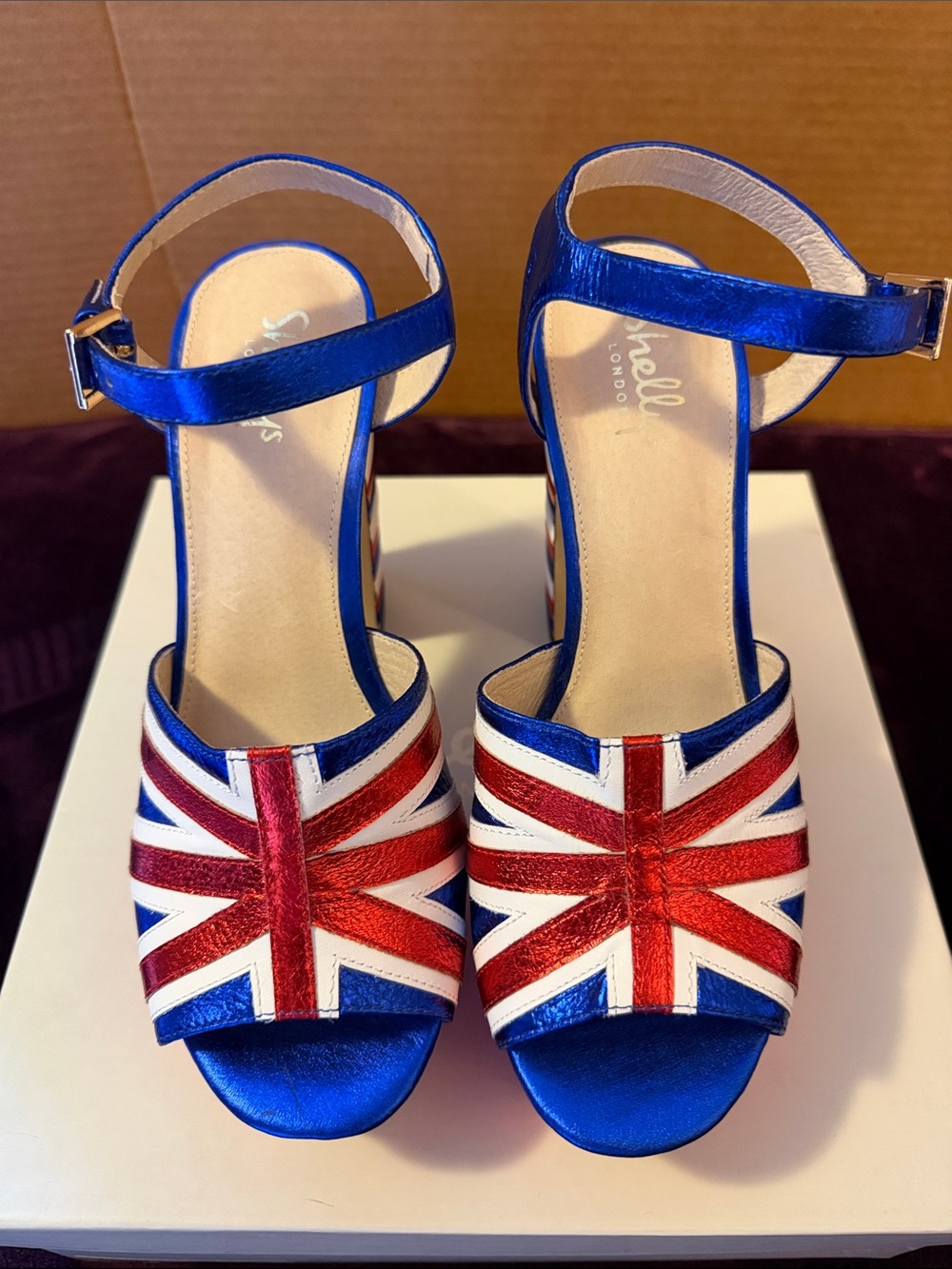 Shellys London Dooriya Union Jack Metallic Platform Heel Red White Blue 9 40